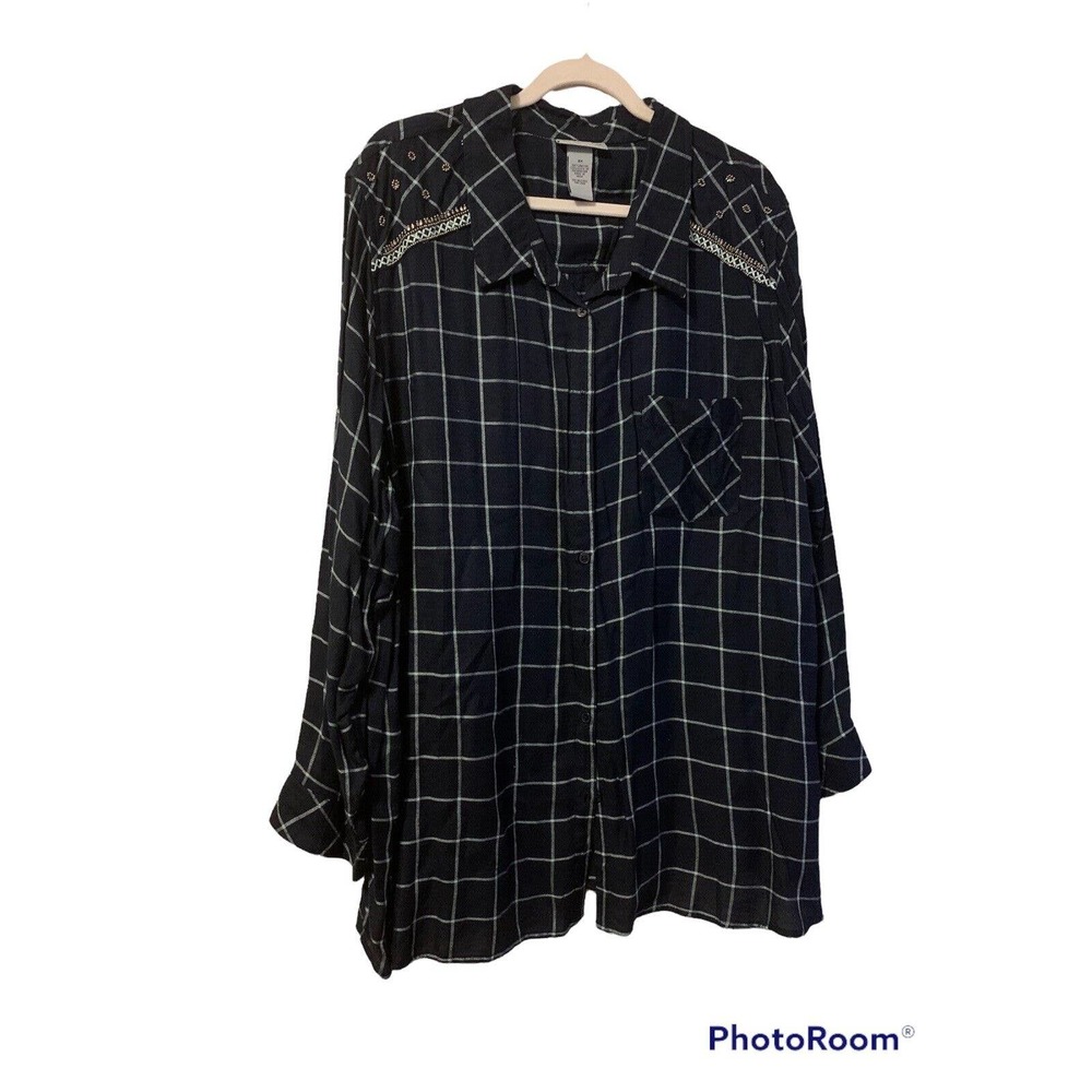 CATHERINES Women’s Navy Blue Embellished Shoulder Button Up Long Sleeve Top 3X
